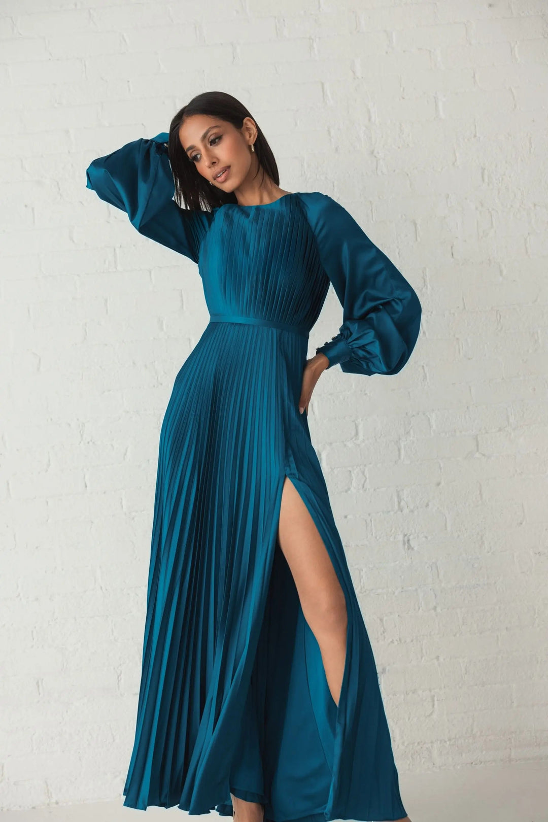 Mac Duggal Pleated Side Slit Gown - Apple Green