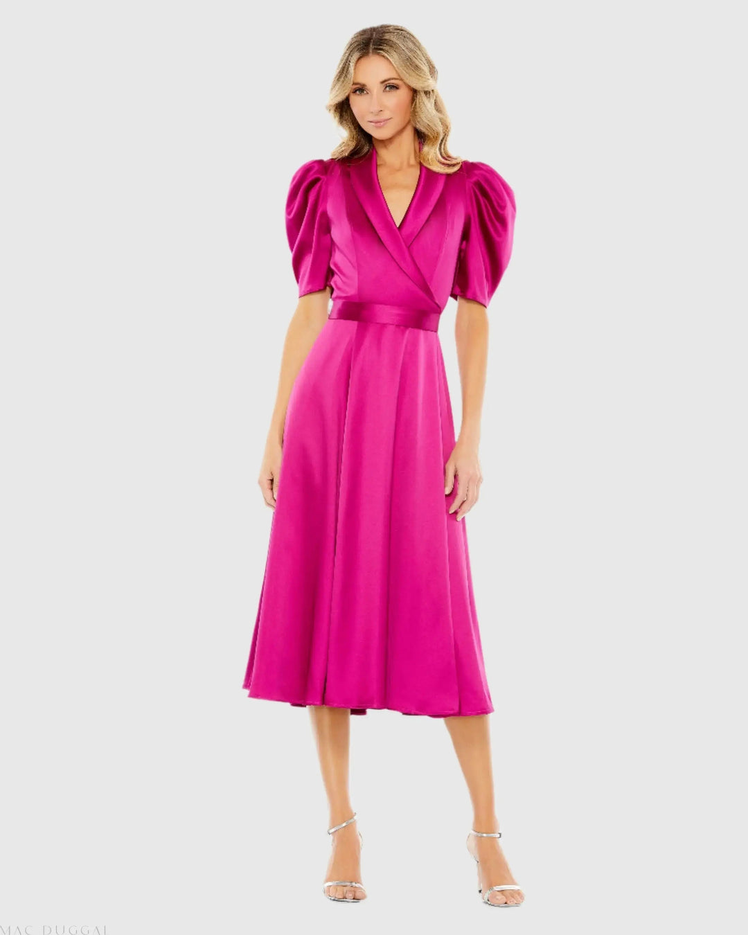 Mac Duggal 26628 Satin Lapel Puff Sleeve Tea Length Dress