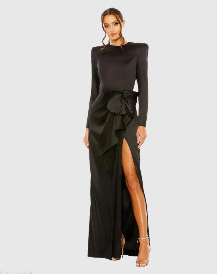 Dark Green Long Sleeve Satin Structured Bow Draped Column Gown - FOSTANI.com