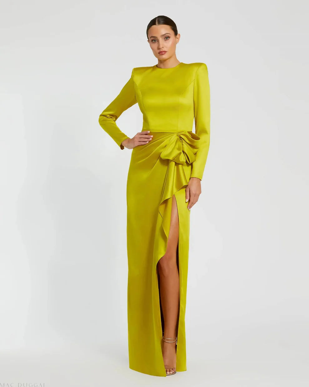 Dark Green Long Sleeve Satin Structured Bow Draped Column Gown - FOSTANI.com