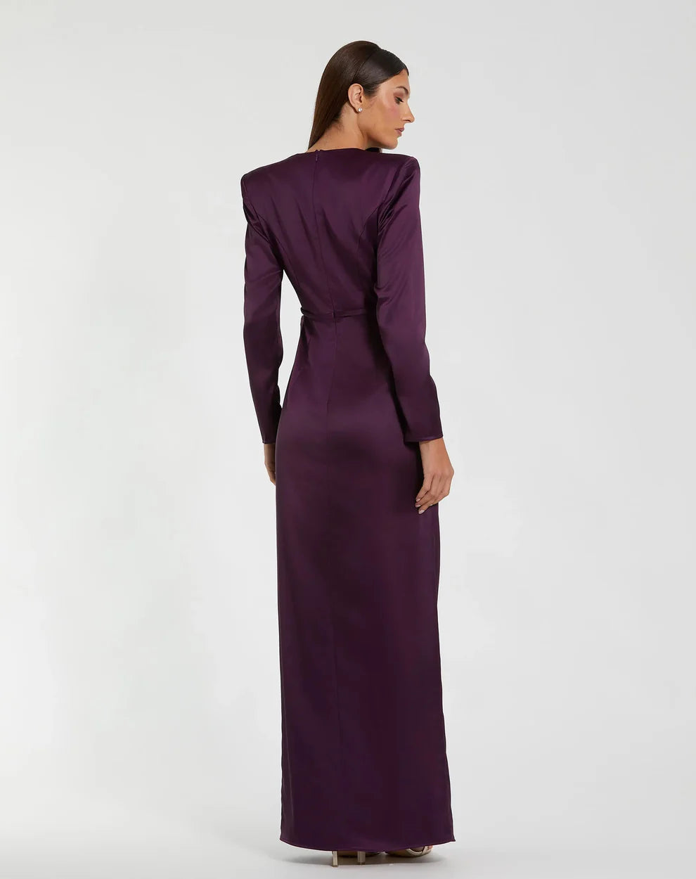 Dark Green Long Sleeve Satin Structured Bow Draped Column Gown - FOSTANI.com