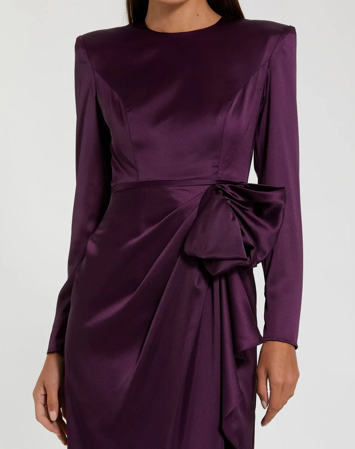Dark Green Long Sleeve Satin Structured Bow Draped Column Gown - FOSTANI.com