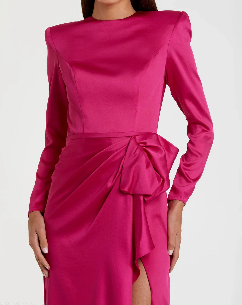 Dark Green Long Sleeve Satin Structured Bow Draped Column Gown - FOSTANI.com