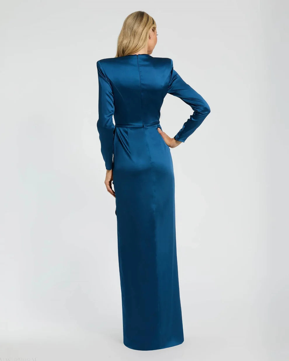 Dark Green Long Sleeve Satin Structured Bow Draped Column Gown - FOSTANI.com