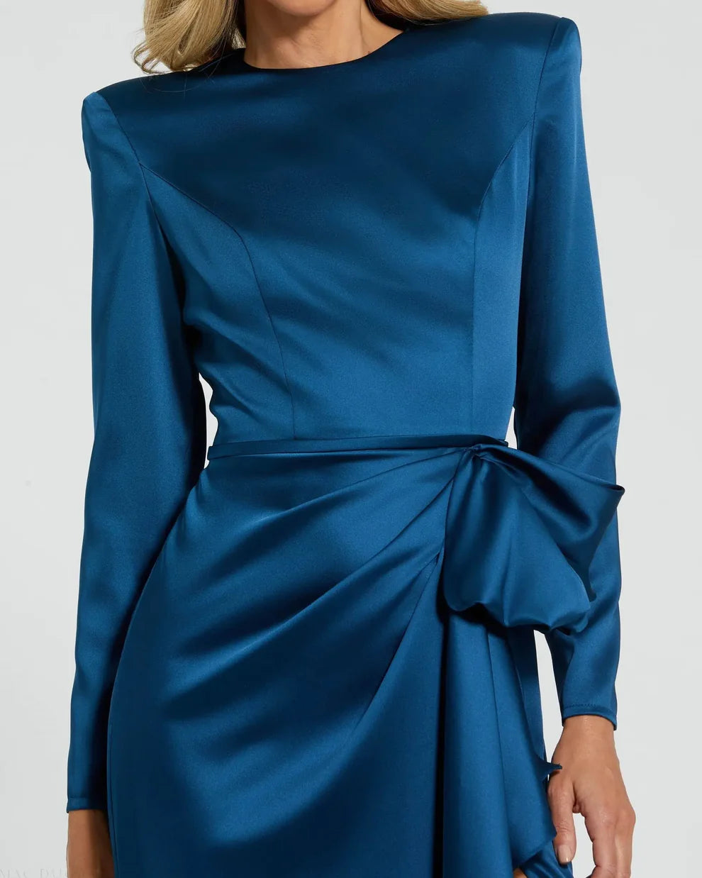 Dark Green Long Sleeve Satin Structured Bow Draped Column Gown - FOSTANI.com