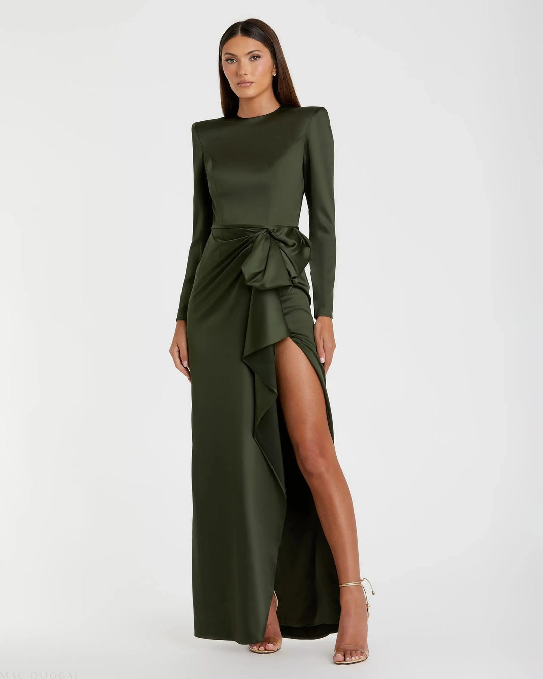 Mac Duggal 26676 Long Sleeve Satin Structured Bow Draped Column Dress | FOSTANI Mac Duggal 26676 Long Sleeve Satin Structured Bow Draped Column Dress | FOSTANI