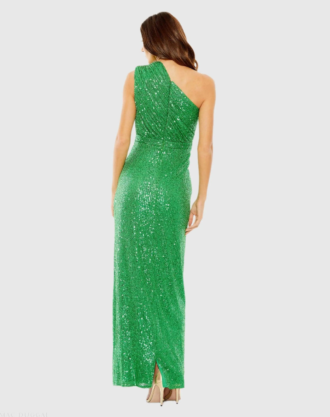 Mac Duggal 26694 Green Sequined Ruched One Shoulder Gown