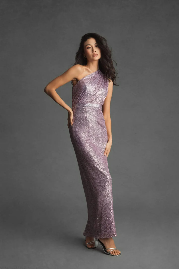 Mac Duggal 9926694P Petite Dark Green Sequined Ruched One Shoulder Gown