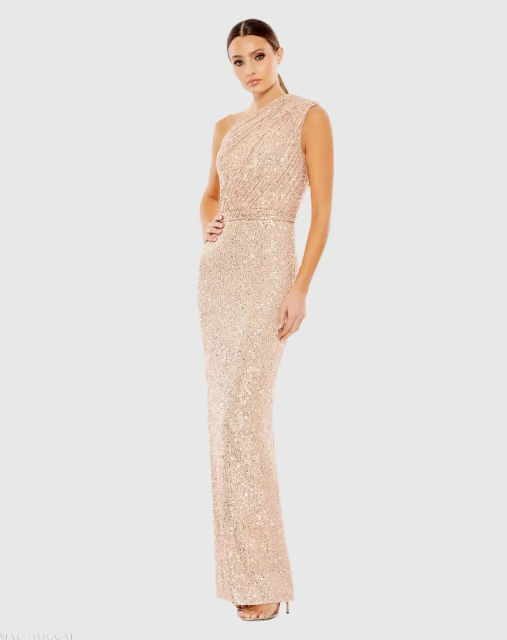 Mac Duggal 9926694P Petite Dark Green Sequined Ruched One Shoulder Gown