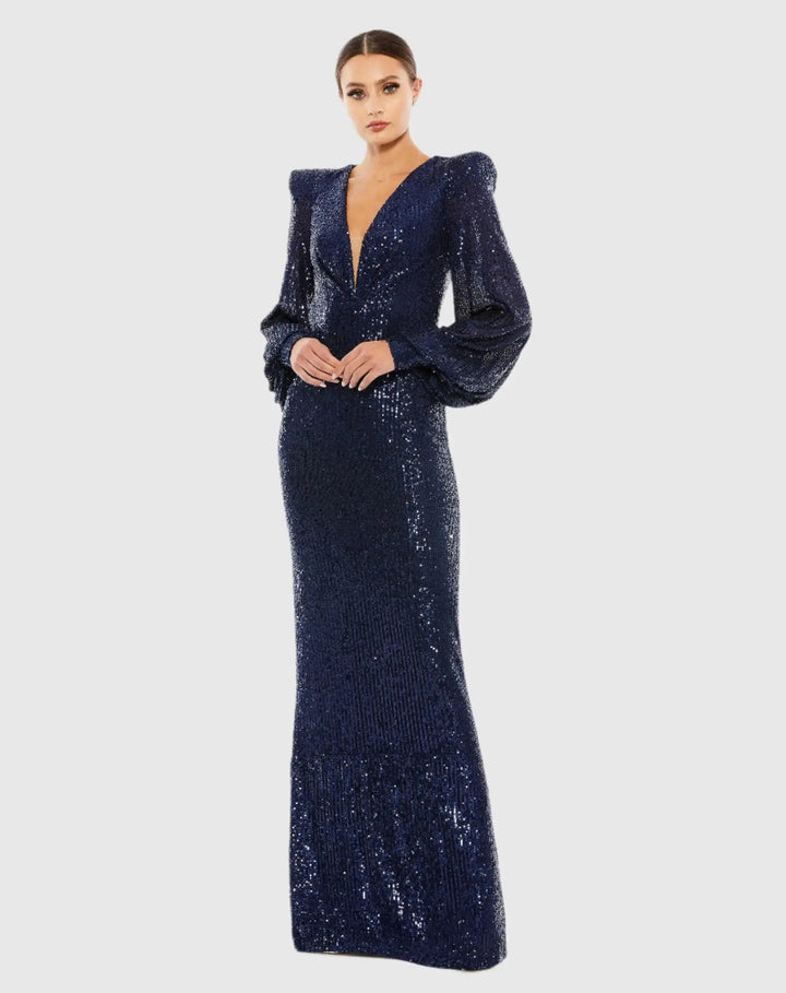 Mac Duggal 26722 Sequined Plunge Neck Structured Bishop Sleeve Gown