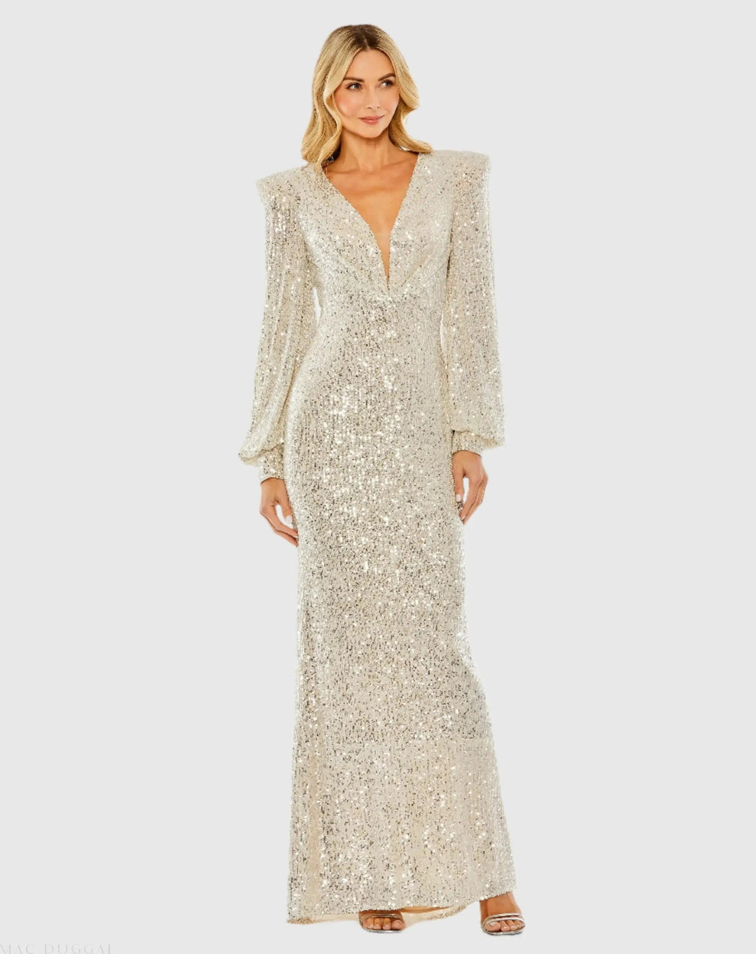 Mac Duggal 26722 Sequined Plunge Neck Structured Bishop Sleeve Gown