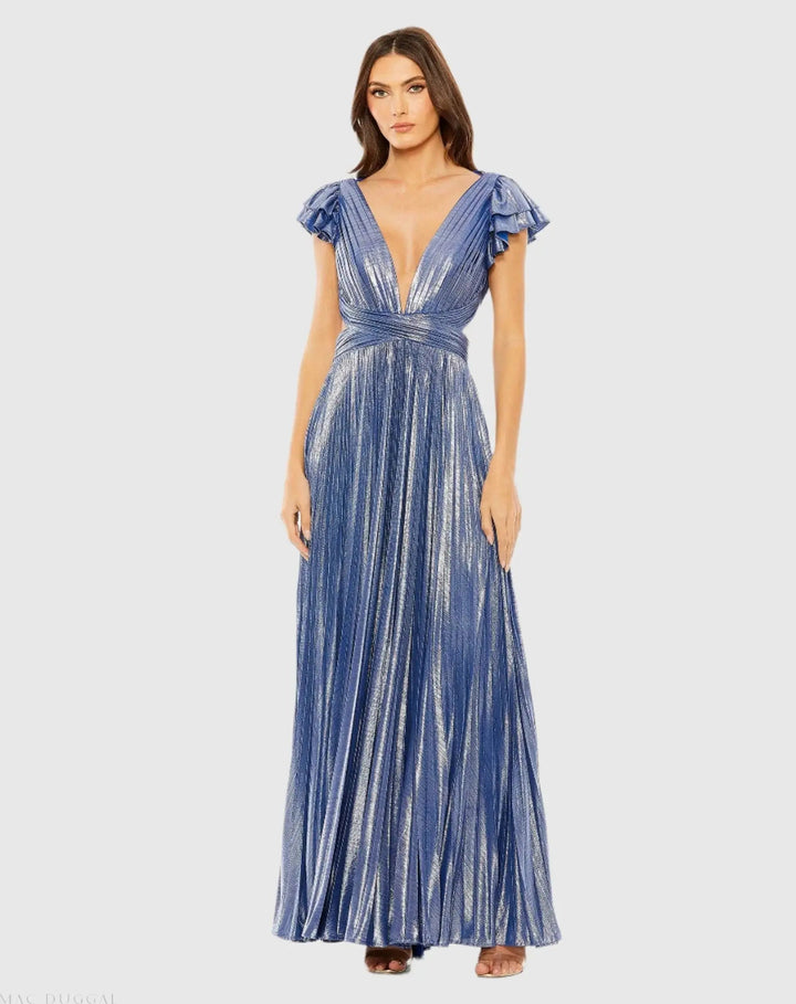 Mac Duggal 27166 Blue Ruffle Sleeve Cutout Pleated Metallic Gown