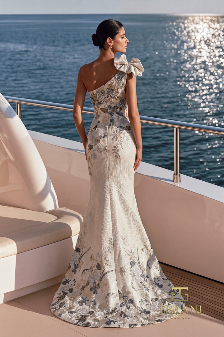 Terani 271E8137 one-shoulder appliqué train evening gown back view