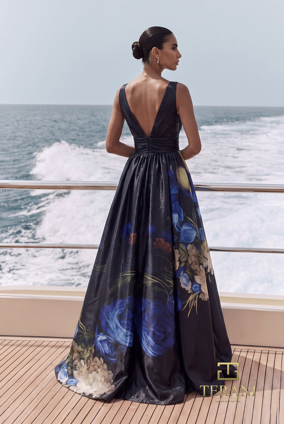 Terani 271E8138 printed ball gown deep V back view