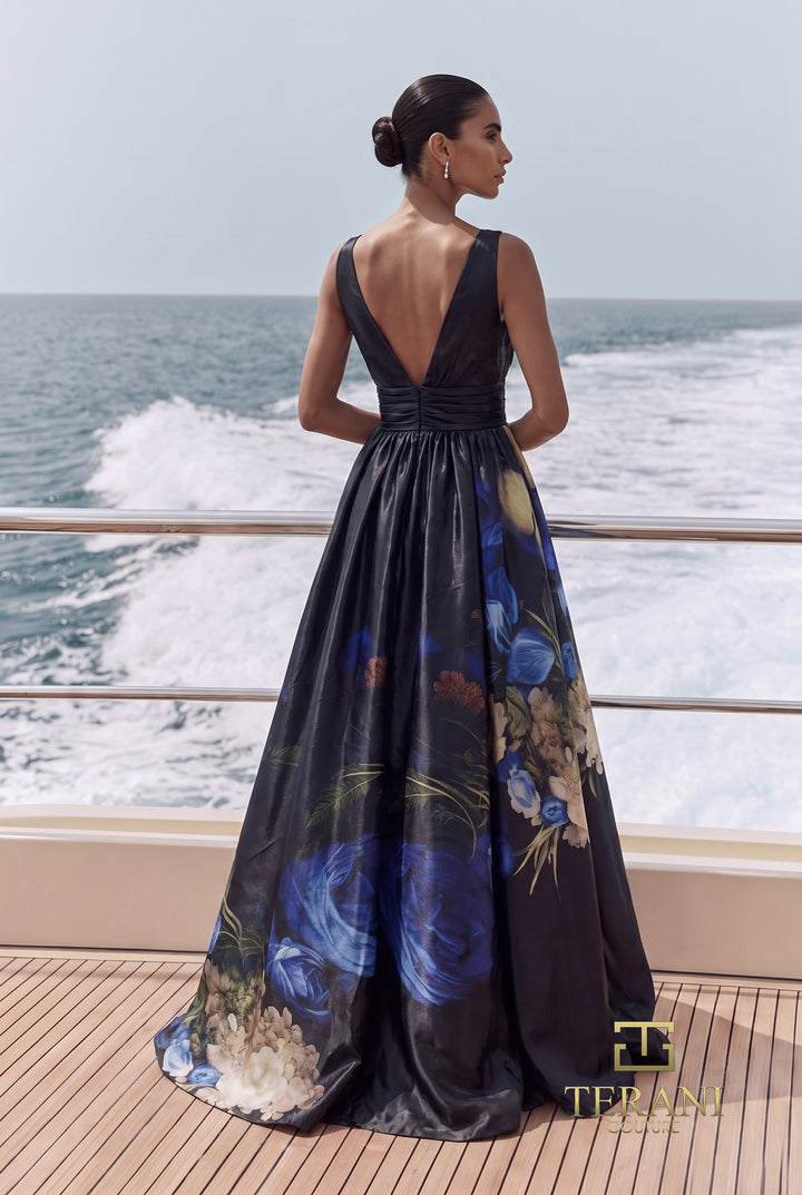 Terani 271E8138 printed ball gown deep V back view