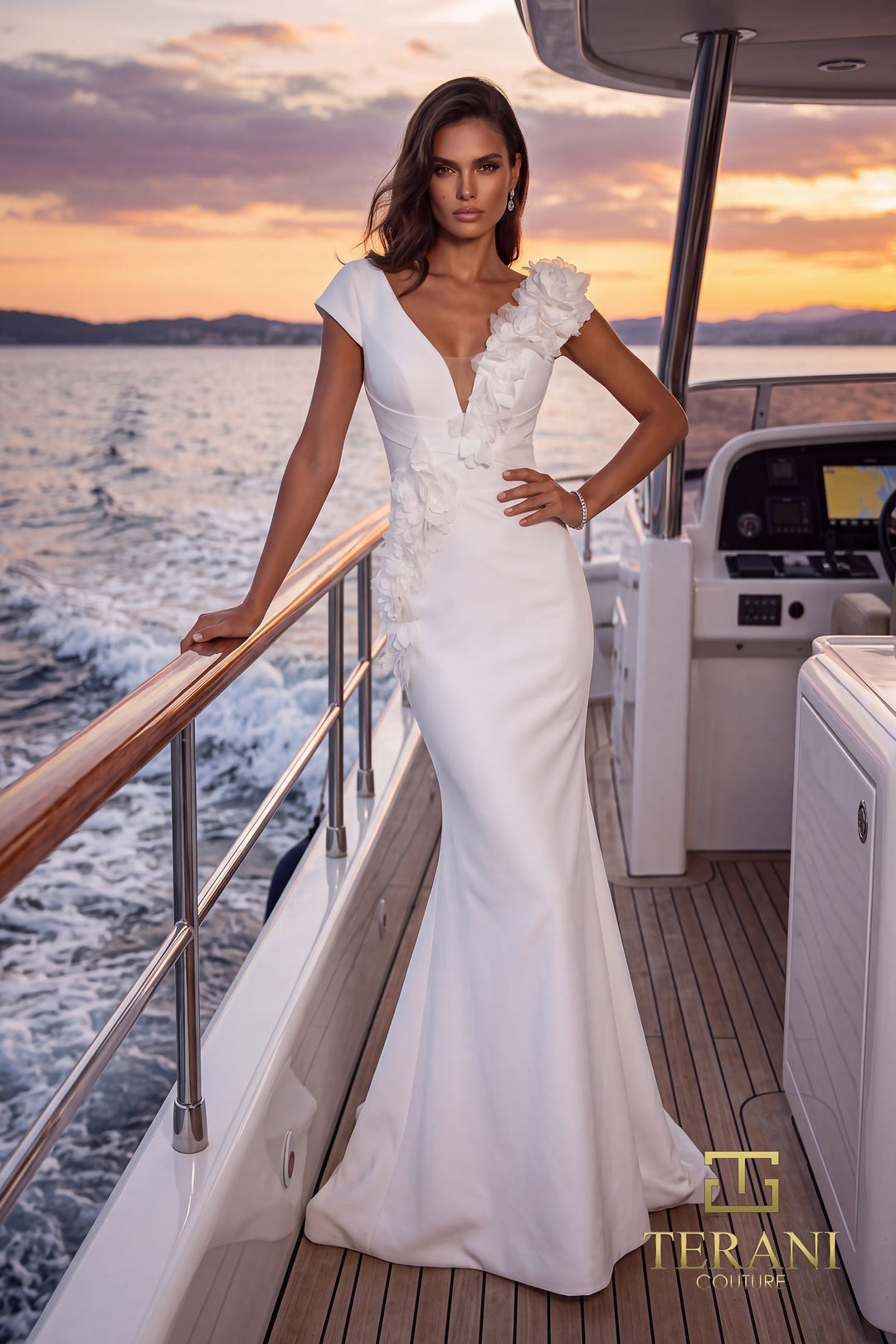 Terani 271E8252 deep V-neck cap sleeve 3D floral mermaid evening gown front view