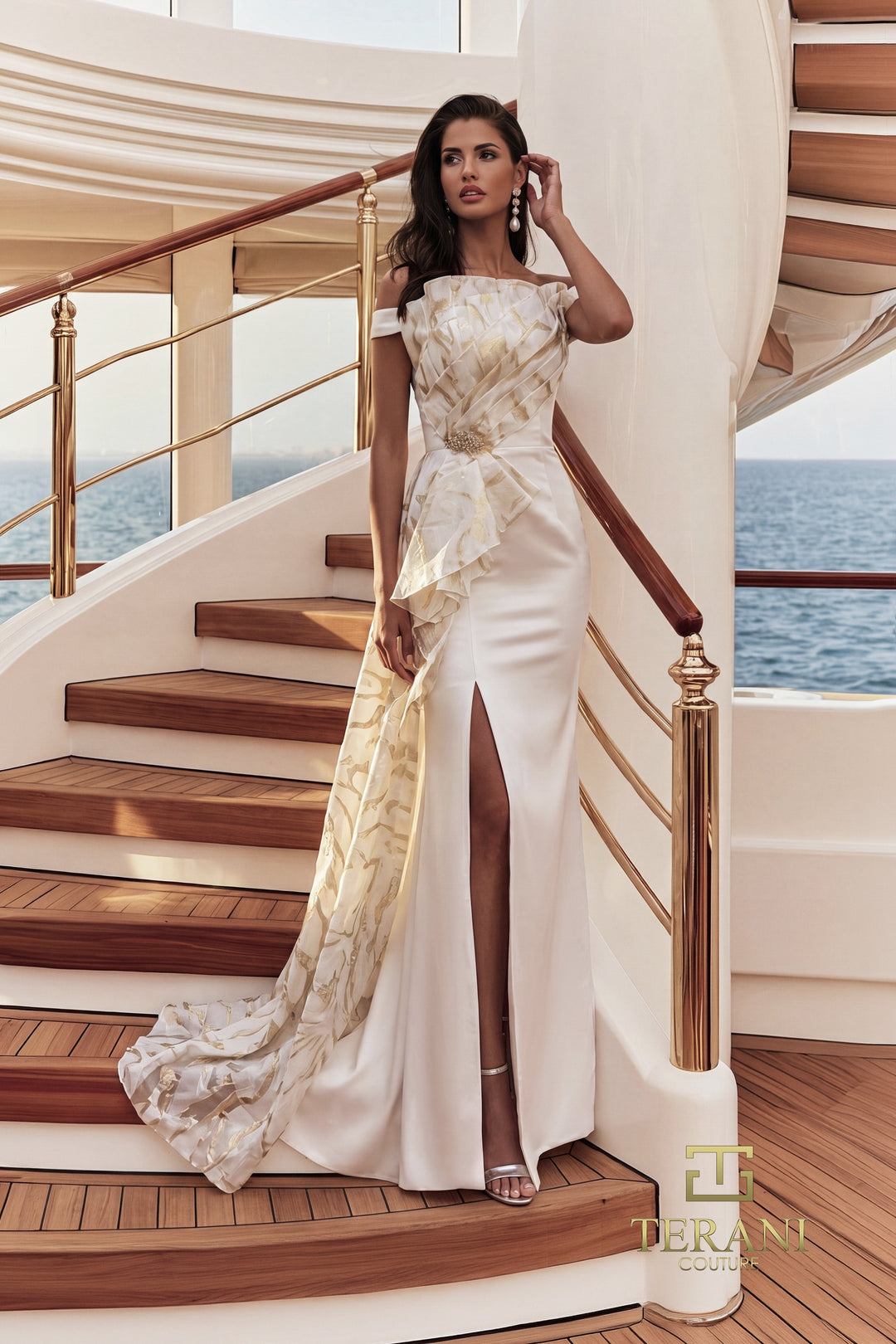Terani 271E8323 off-the-shoulder cascade panel evening gown with slit front view