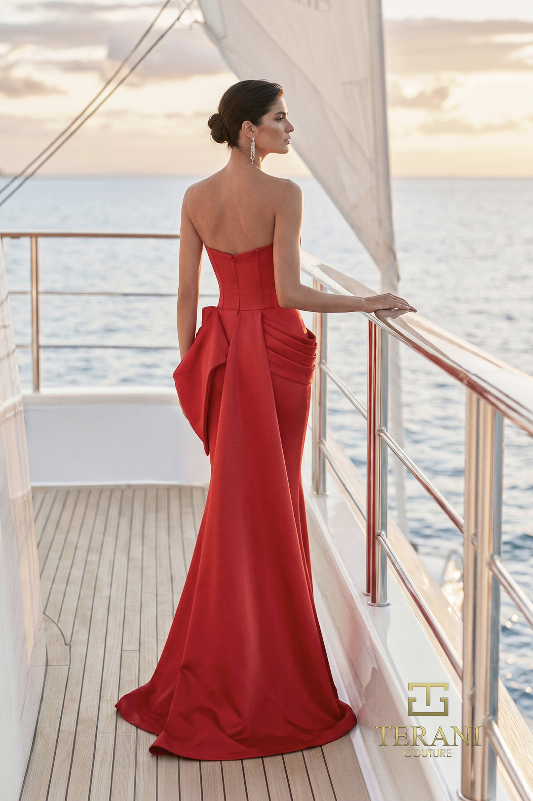 Terani 271E8340 folded hip drape and sweep train mermaid evening gown back view
