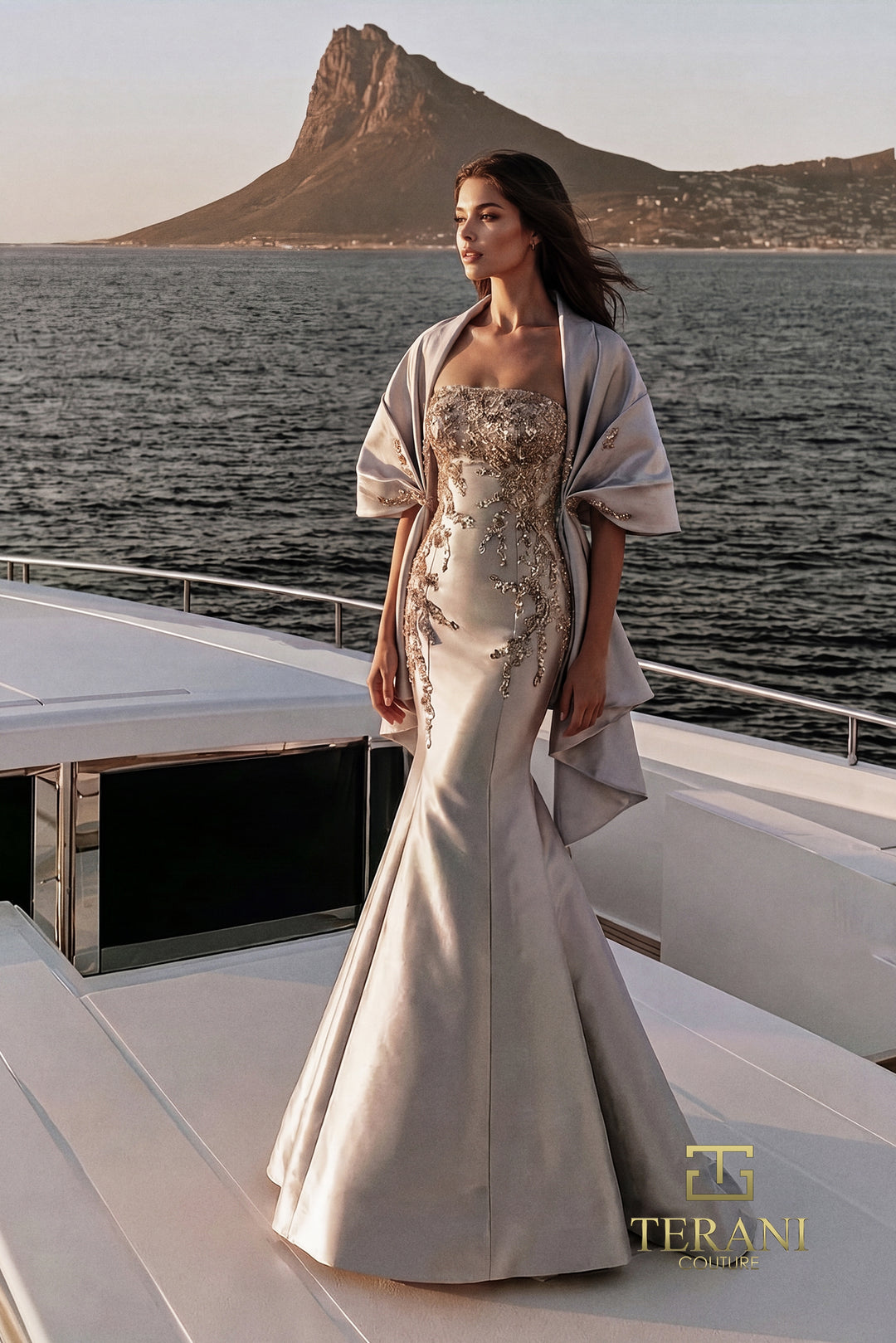 Terani 271M8405 strapless beaded mermaid mother of the bride gown front view styled with wrap