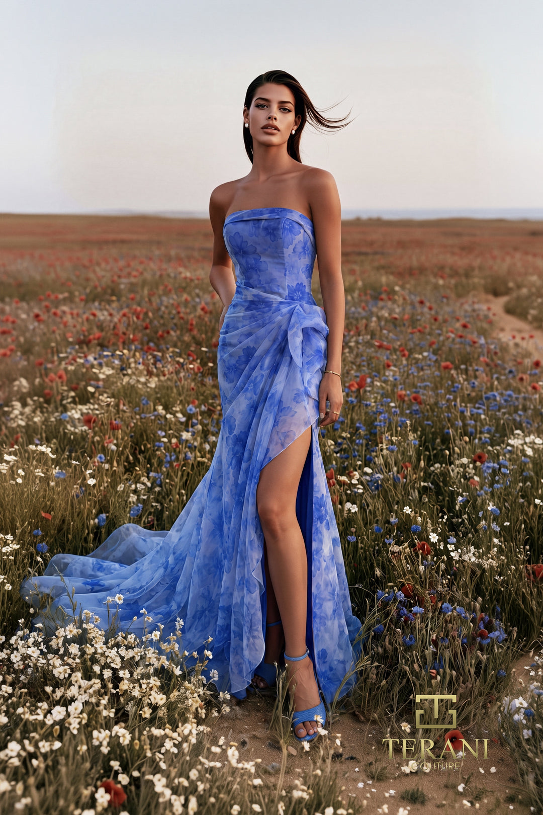 Terani 271P8021 strapless printed sash wrap column prom dress front view