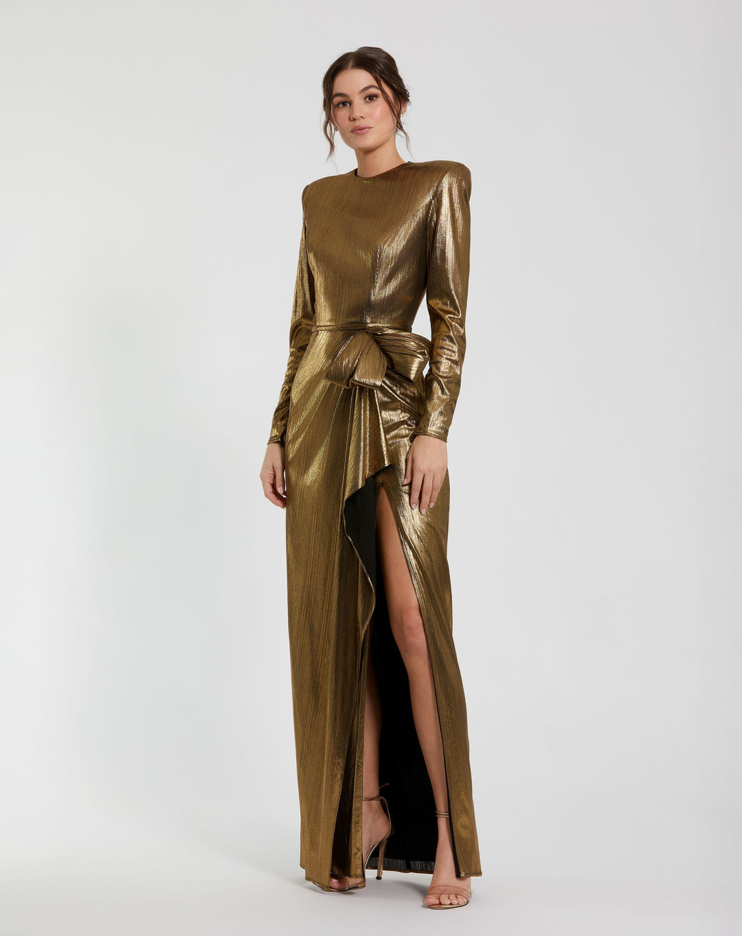 Ieena for Mac Duggal - Gold Metallic Long Sleeve Gown With Bow - Antique Gold / US 14 Ieena for Mac Duggal - Gold Metallic Long Sleeve Gown With Bow - Antique Gold / US 14
