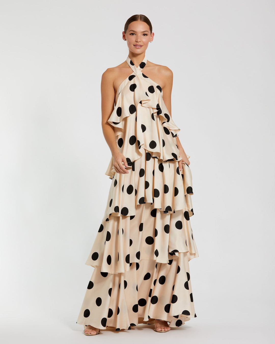 Mac Duggal Women's Polka Dot Charmeuse Halter Tiered Ruffle Gown - Cream Black Mac Duggal Women's Polka Dot Charmeuse Halter Tiered Ruffle Gown - Cream Black