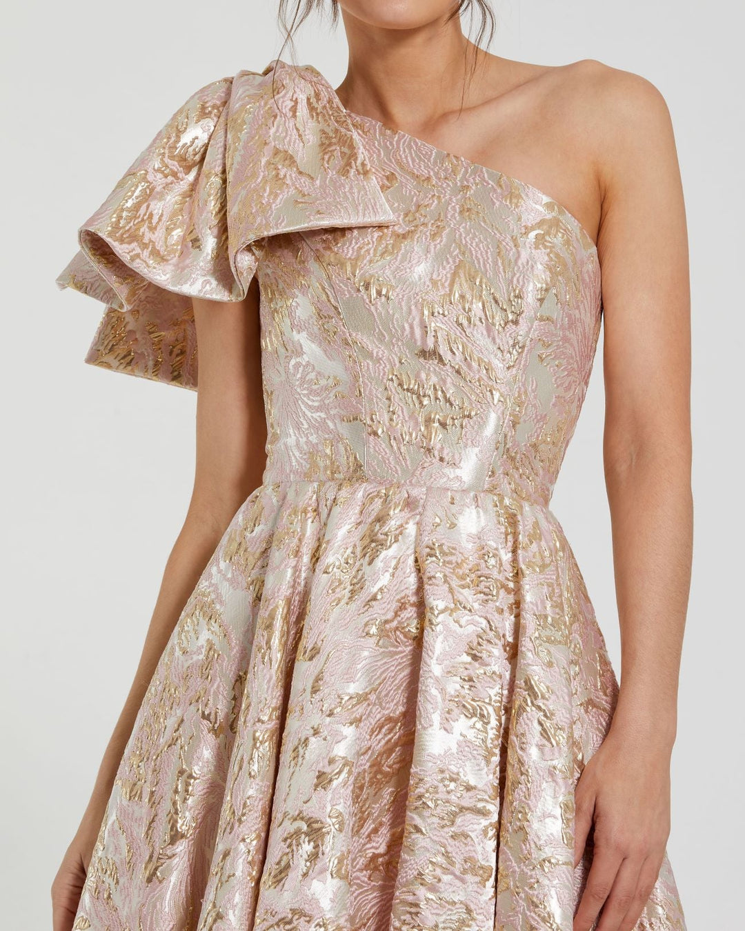 Mac Duggal - Pink Brocade One Shoulder Floral Gown with Bow - Pink Multi / US 12 Mac Duggal - Pink Brocade One Shoulder Floral Gown with Bow - Pink Multi / US 12