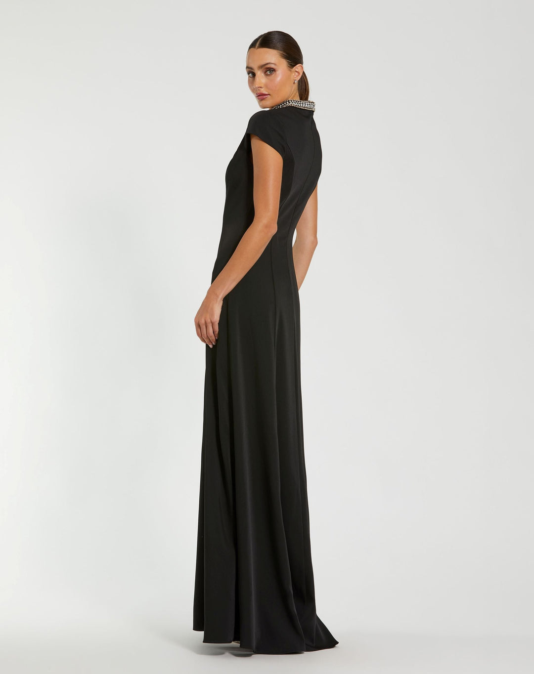 Black Cap Sleeve Gown With Embellished Neckline