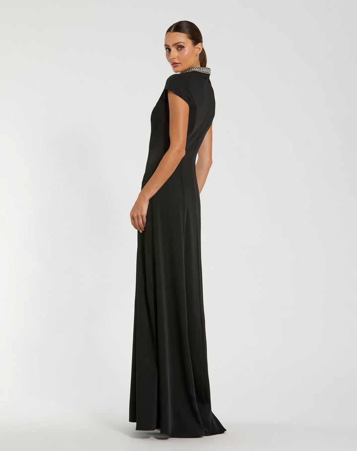 Mac Duggal 27564 Black Cap Sleeve Gown with Embellished Neckline