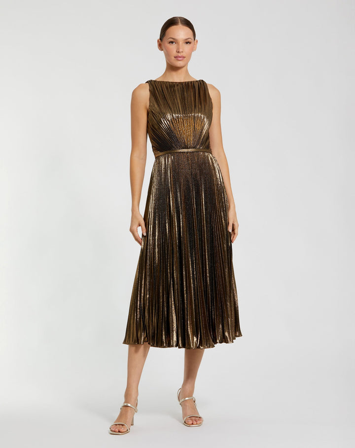Mac Duggal 27611 Gold Metallic Pleated High Neck Midi Dress