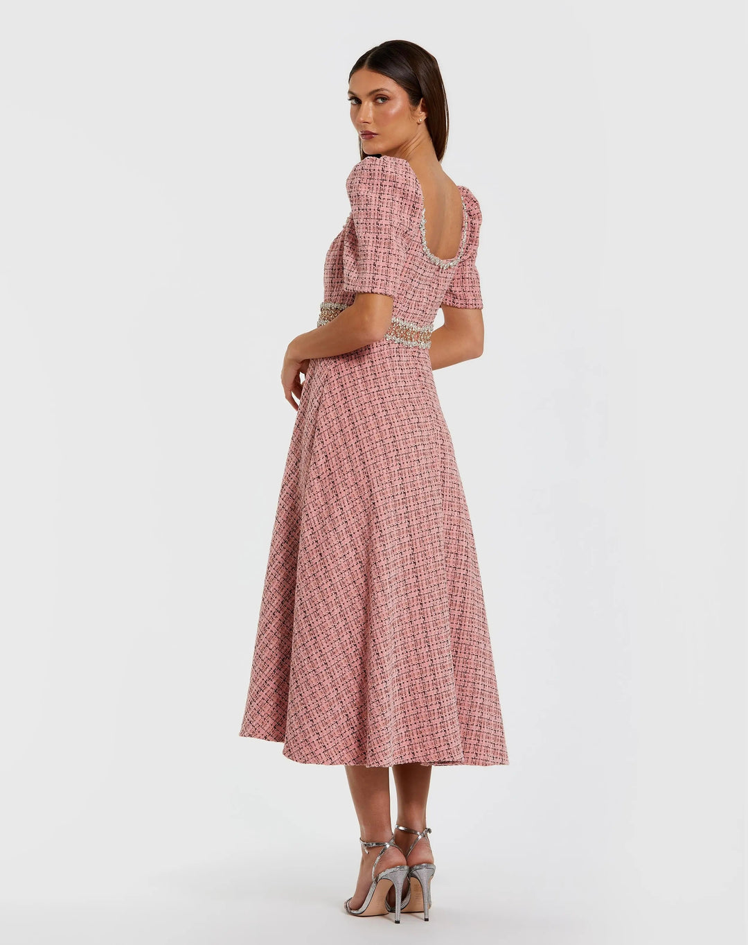pink boucle midi dress Puff Sleeve Boucle Midi Dress With Beaded Belt