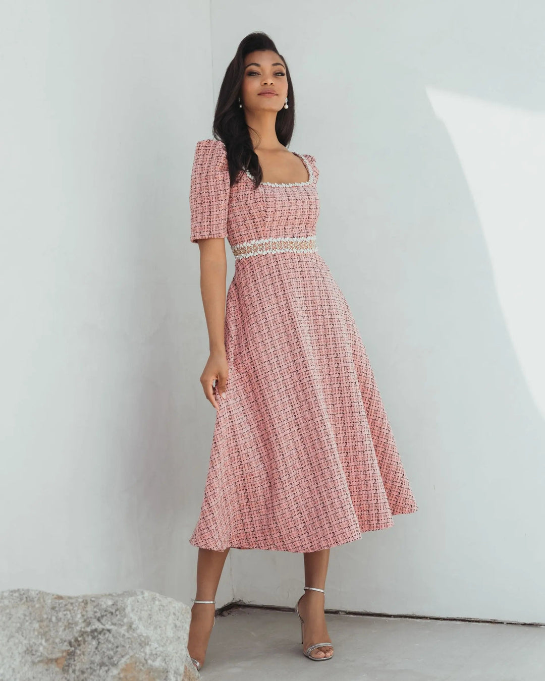 Mac Duggal 27687 Pink Puff Sleeve Boucle Midi Dress With Beaded Belt