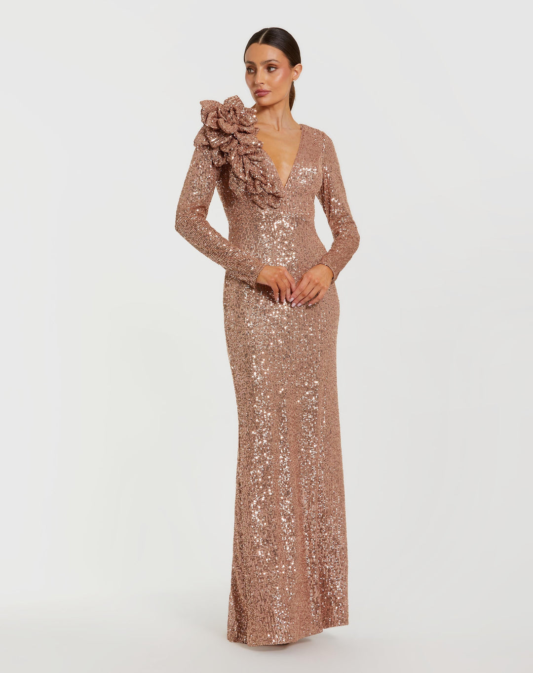 Mac Duggal Women's V-Neck Long Sleeve 3D Floral Sequin Gown - Gold - Size 10 - Copper Mac Duggal Women's V-Neck Long Sleeve 3D Floral Sequin Gown - Gold - Size 10 - Copper