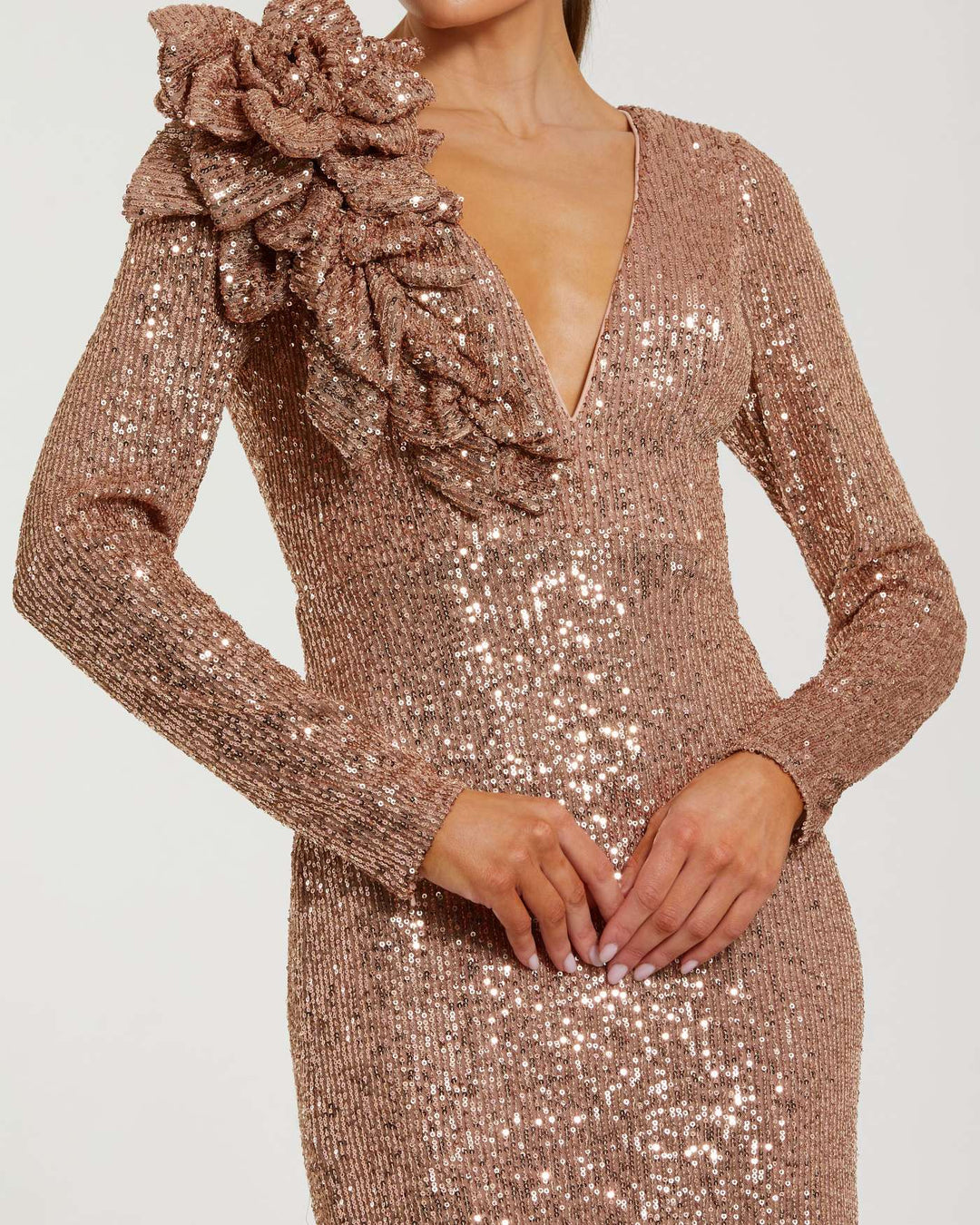 Mac Duggal 27700 Long Sleeve V Neck Sequin Dress With 3D Flower | FOSTANI Mac Duggal 27700 Long Sleeve V Neck Sequin Dress With 3D Flower | FOSTANI