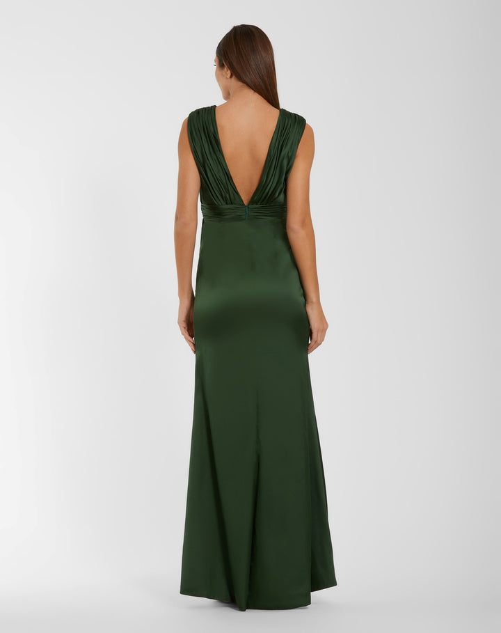 Mac Duggal 27728 Green Charmeuse Plunge Neck Gown With 3D Flower