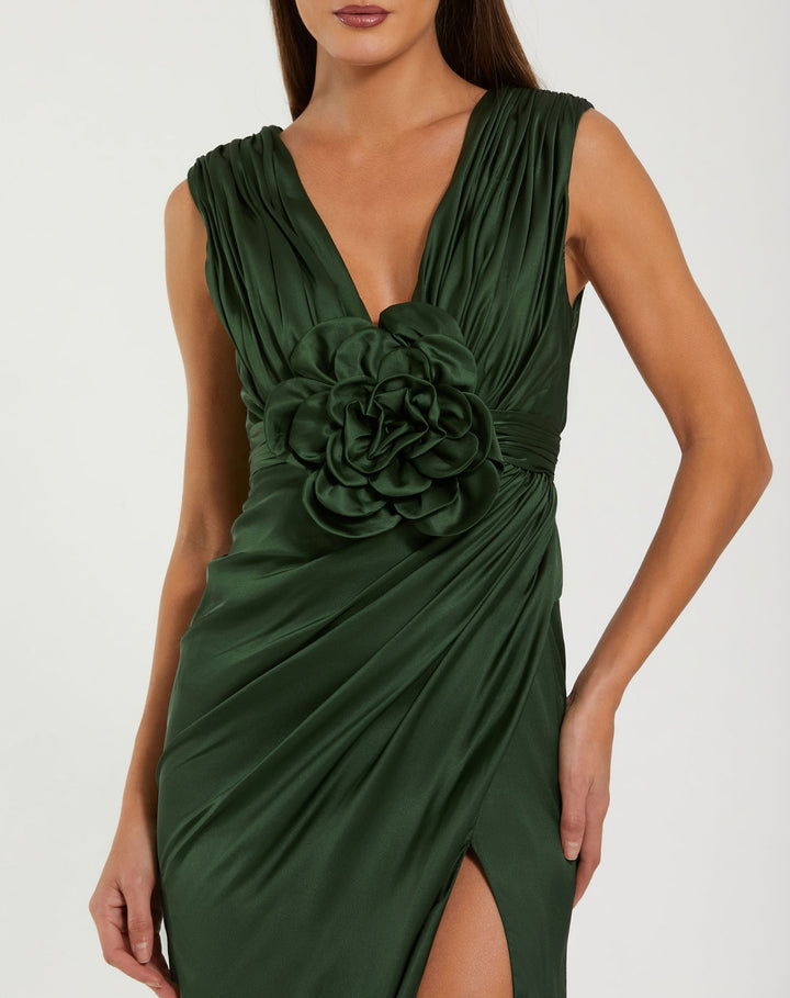 Mac Duggal 27728 Green Charmeuse Plunge Neck Gown With 3D Flower
