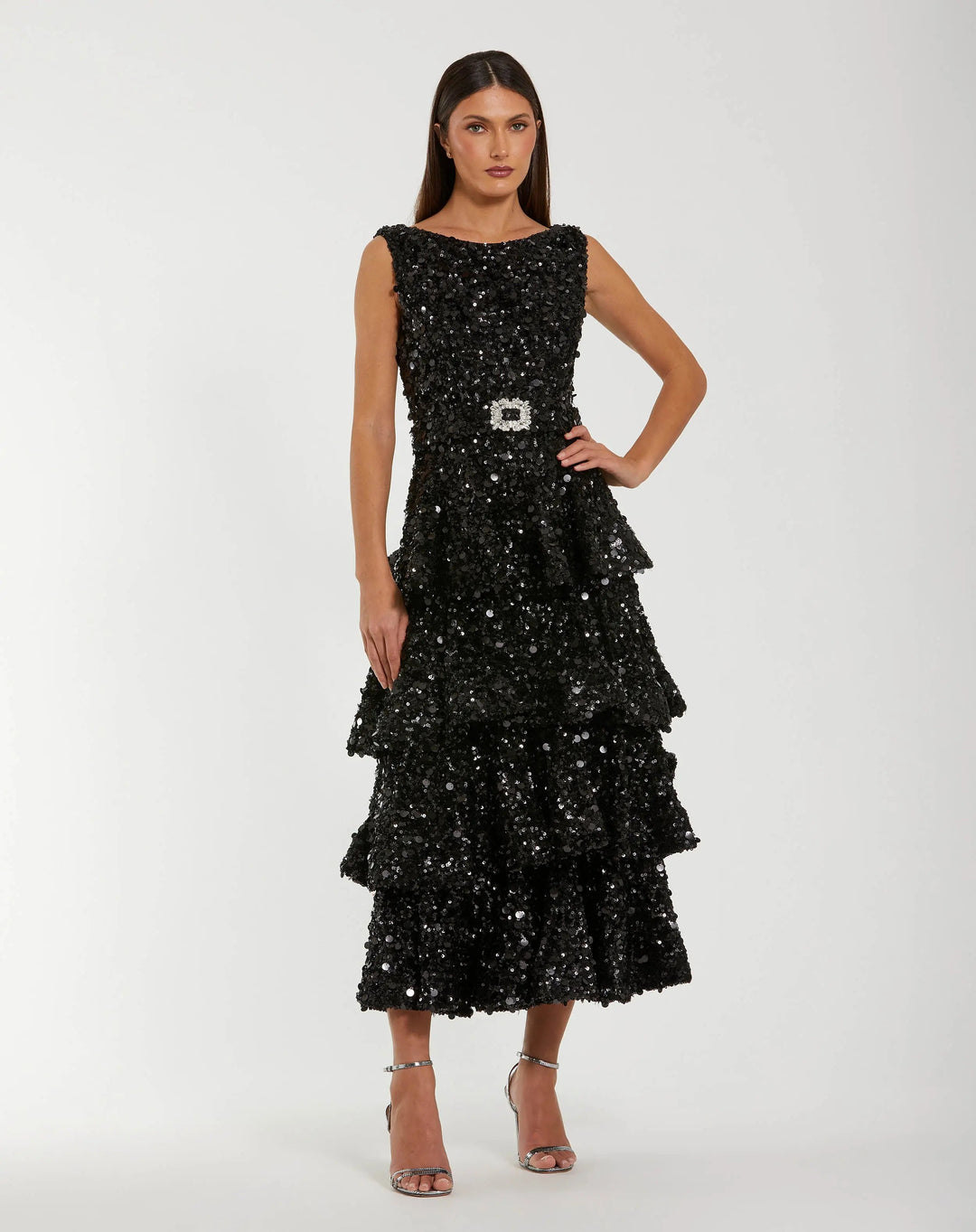 mac duggal sequin midi dress Mac Duggal Sleeveless Sequin Midi Dress With Velvet Bow Detail