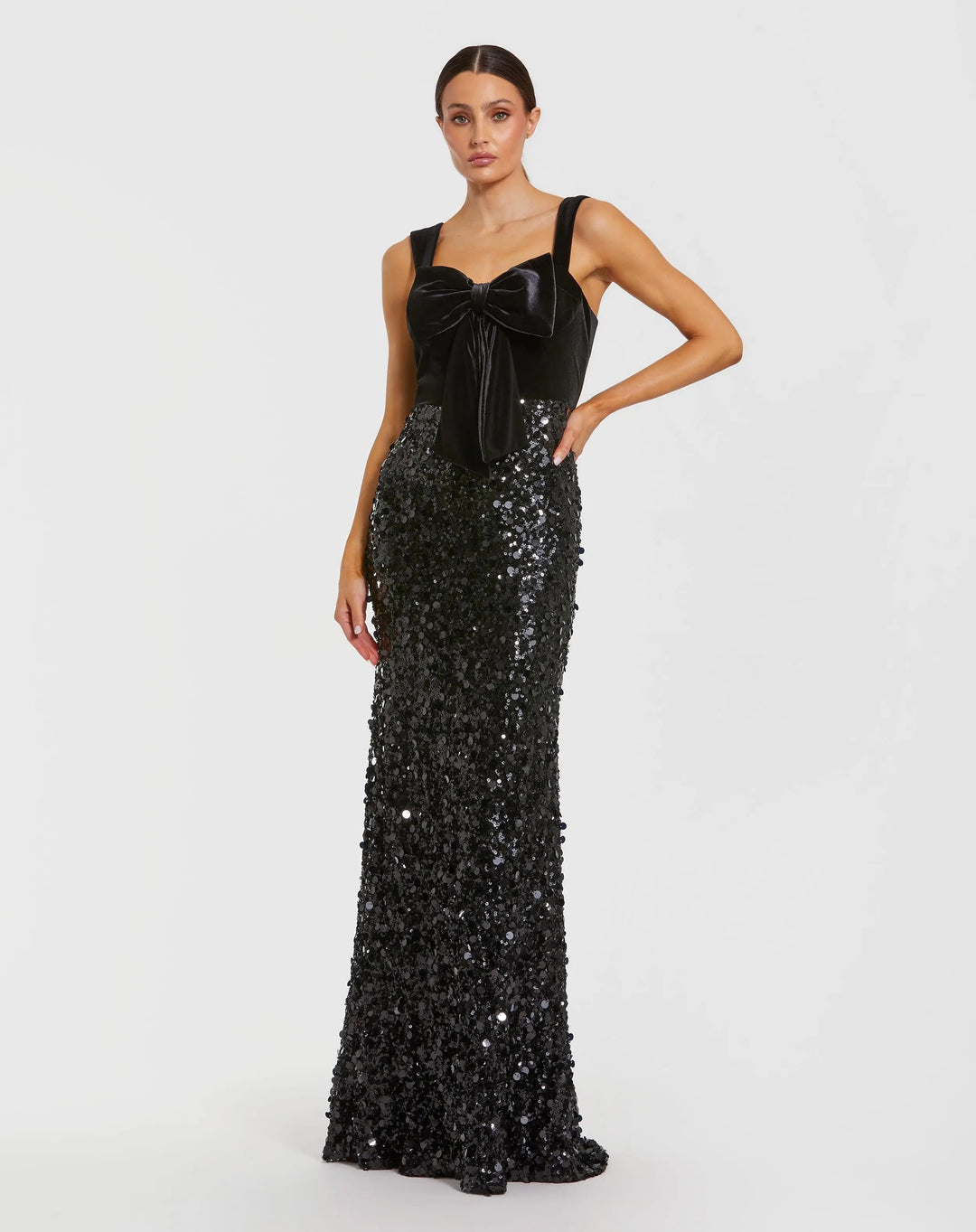 mac duggal black sequin dress Pink Embellished Strapless Gown With Sculptural Drape Refined and striking Black Sleeveless Sequin Column Gown