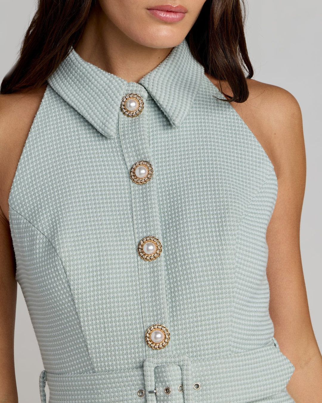Blue Pleated A Line Mini Dress with Pearl Button Detail - FOSTANI.com