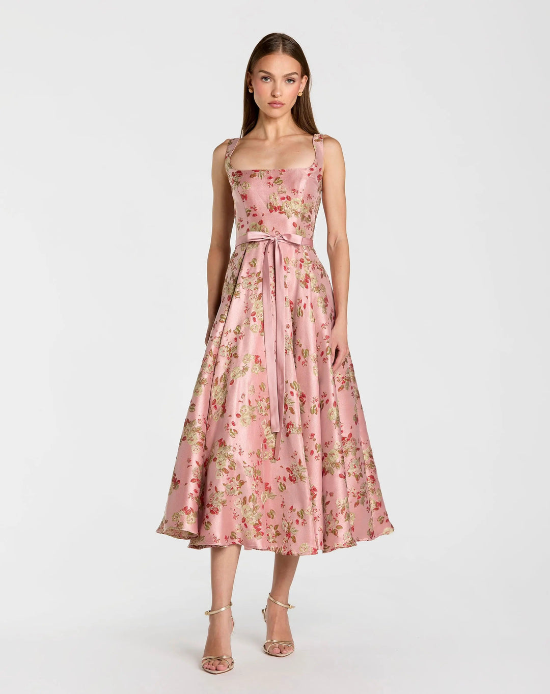 Pink Sleeveless Brocade A Line Midi Dress - FOSTANI.com