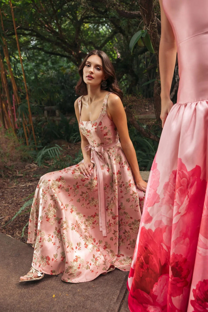 Pink Sleeveless Brocade A Line Midi Dress - FOSTANI.com