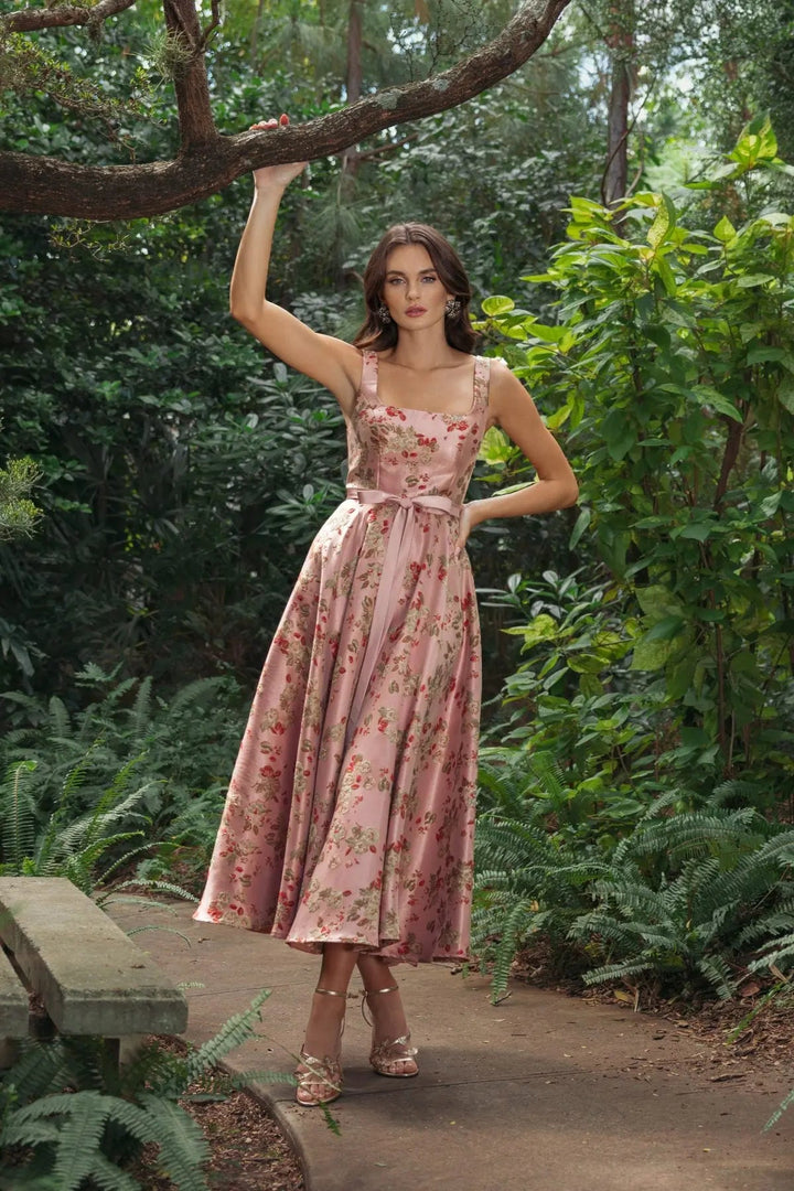 Pink Sleeveless Brocade A Line Midi Dress - FOSTANI.com