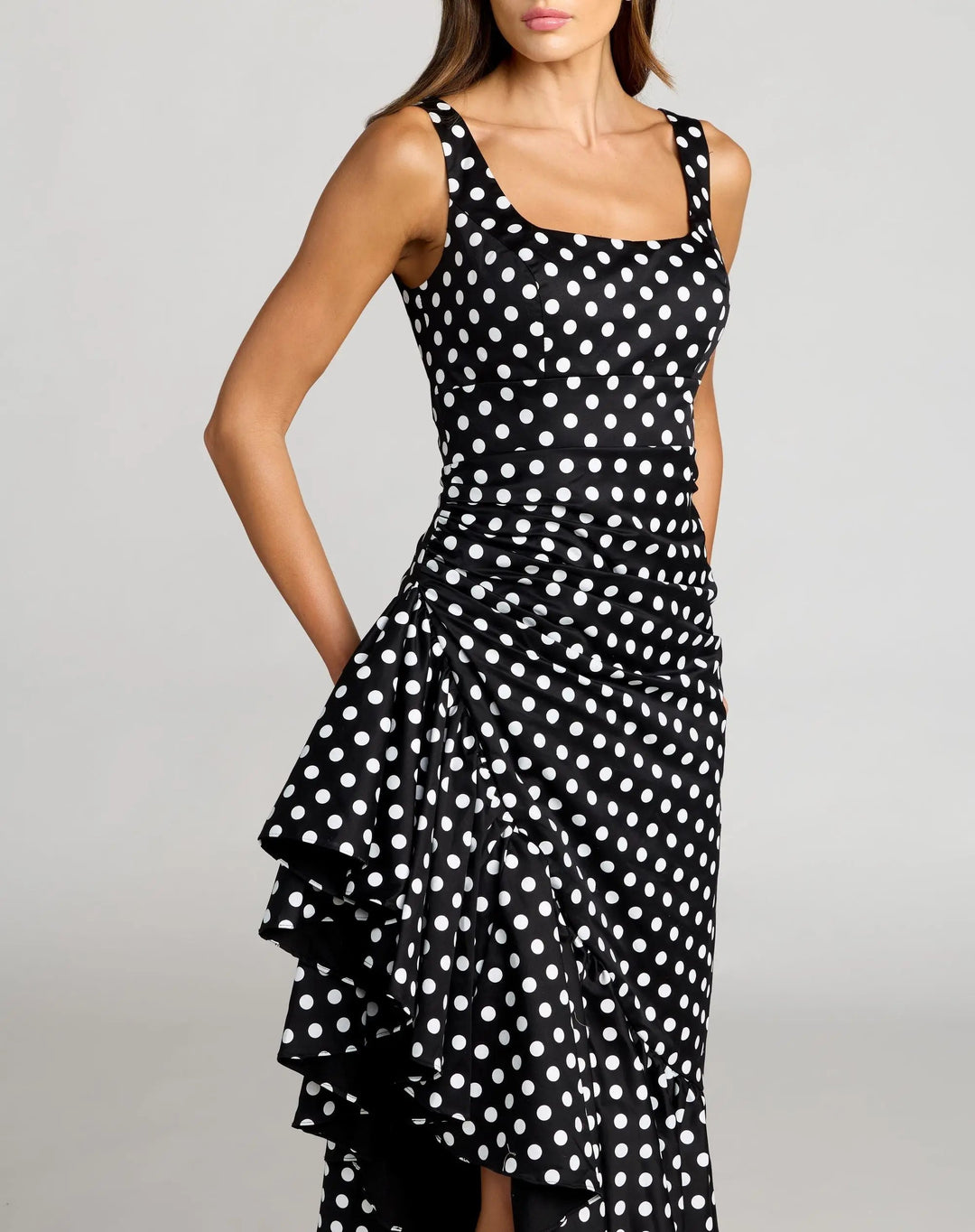 Black Sleeveless Polka Dot Midi Dress With Ruffled Hem - FOSTANI.com