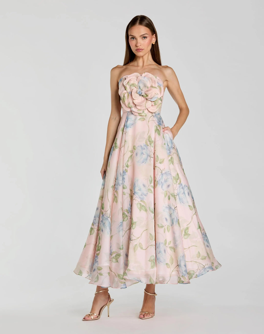 Mac Duggal Women's Strapless Floral Organza Midi Dress With Flower - Blue - Size 12
