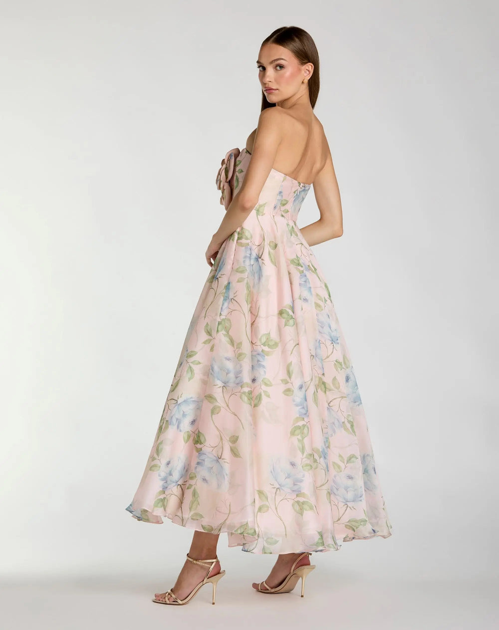 Pink Strapless Floral Organza Midi Dress With Flower - FOSTANI.com