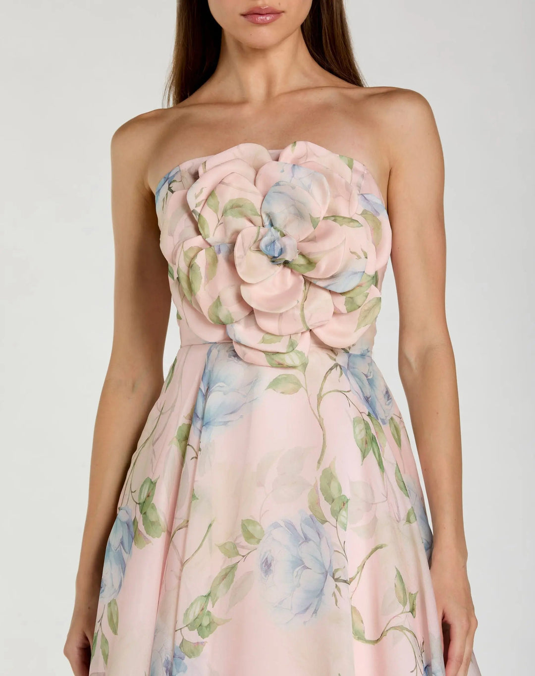 Pink Strapless Floral Organza Midi Dress With Flower - FOSTANI.com
