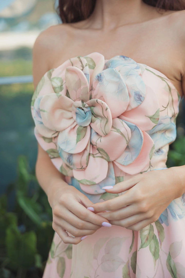 Pink Strapless Floral Organza Midi Dress With Flower - FOSTANI.com