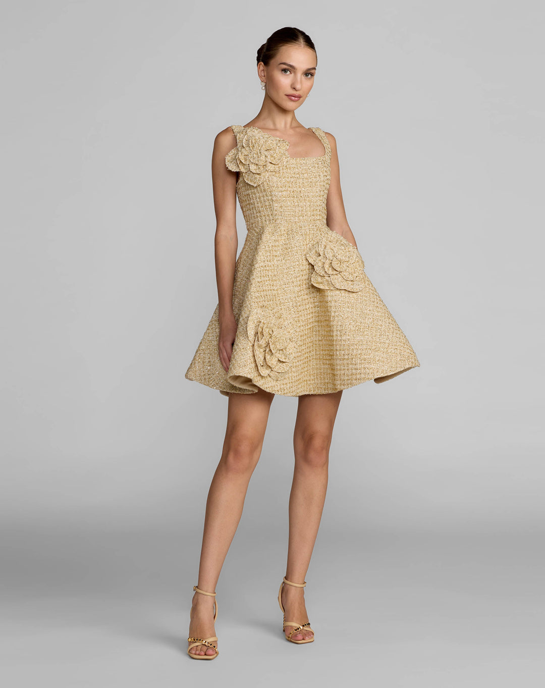 Mac Duggal 27828 Gold Boucle Floral Applique Mini Dress with Pockets