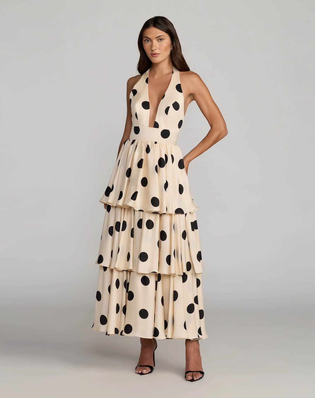 Mac Duggal Women's Polka Dot Halter Neck Ruffle Maxi Dress