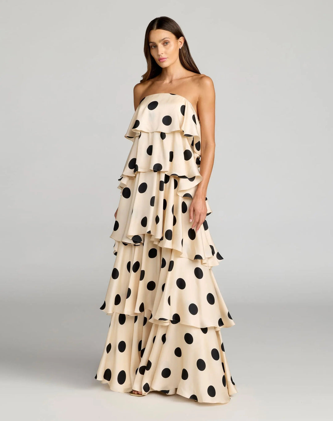 Mac Duggal Women's Strapless Polka Dot Charmeuse Ruffle Gown - Ivory/Cream - Size 6